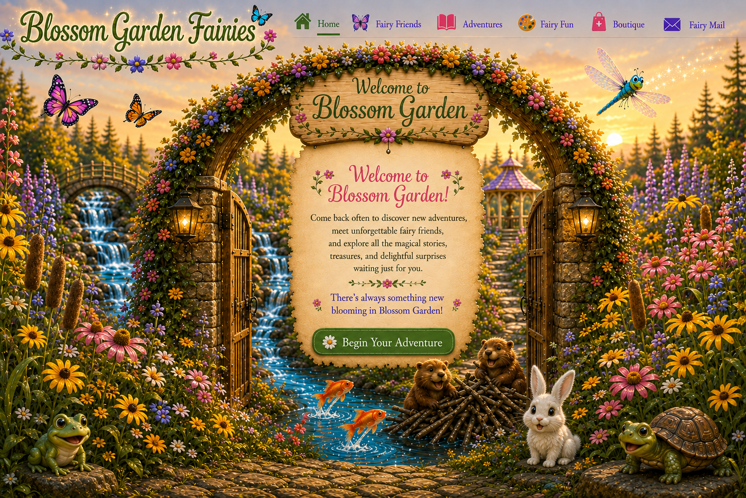 The flower-covered entrance to Blossom Garden with a sparkling creek, butterflies, a dragonfly, a smiling rabbit, two beavers, jumping fish, a frog, and a turtle.